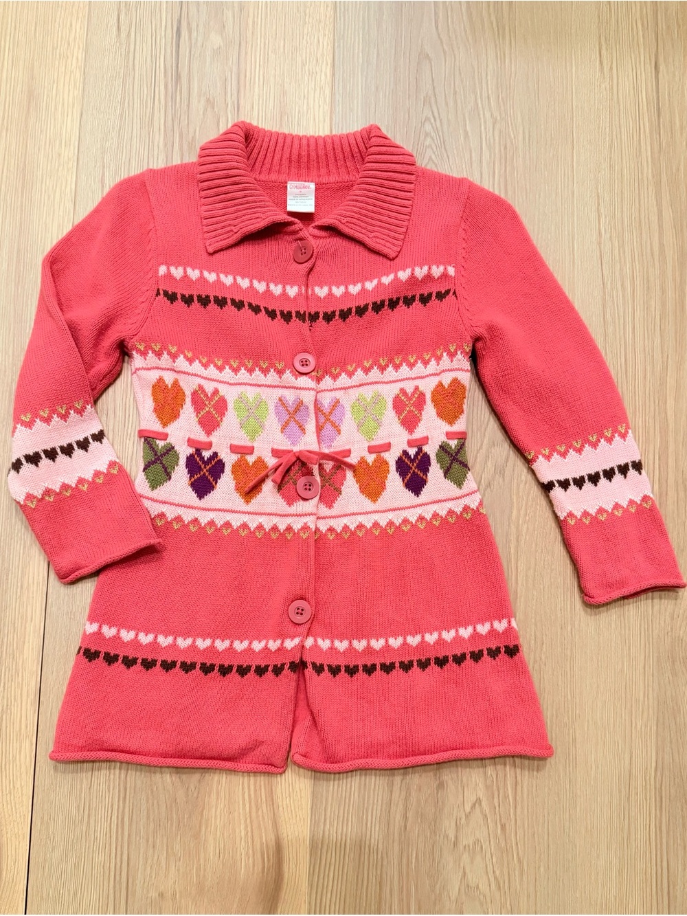 Gymboree Coral Knit Cardigan with Multicolor Hearts- Girls 5